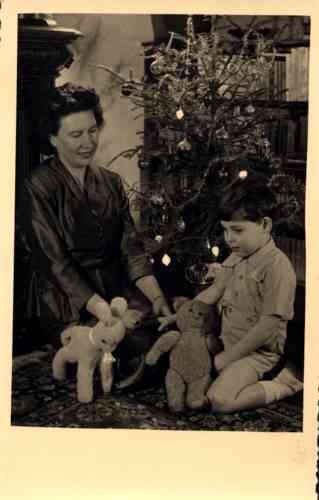 Boy Holding Teddy Bear by Christmas Tree RP