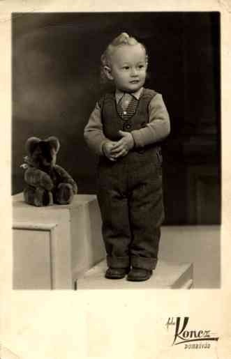 Standing Boy by Sitting Teddy Bear Real Photo