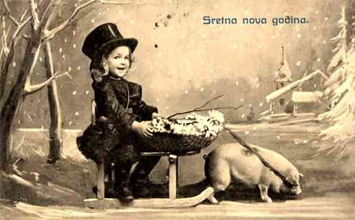 Little Chimney Sweep on Pig-Drawn Sleigh