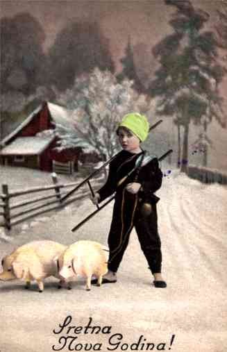 Girl Chimney Sweep Guiding Two Piglets