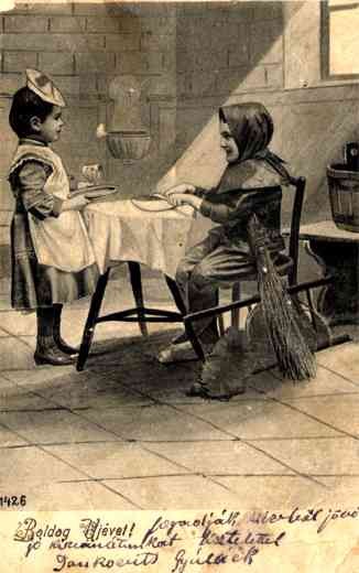 Chimney Sweep at Table and Girl Waiteress