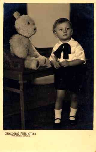 Teddy Bear in Chair and Boy Real Photo