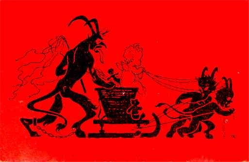 Krampus Family and Baby Angel on Sleigh