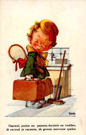 Boy with Tennis Racket in the Kitchen