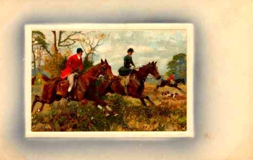 Hunters on Horses and Dog