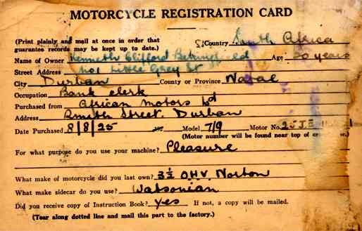 Motorcycle Registration Card