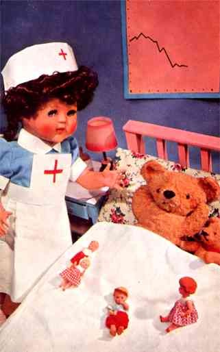 Doll Nurse by Bed of Sick Teddy Bears