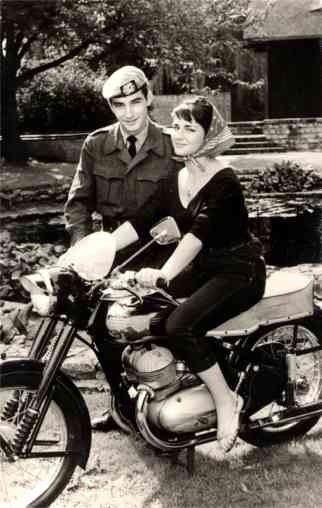 Motorcyclist Girl and Soldier Real Photo
