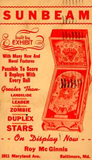 Advert Sunbeam Pinball Machine MD