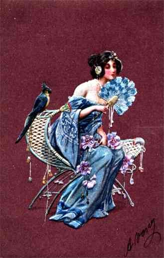 Art Nouveau Lady with Fan Parrot