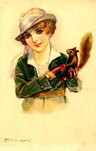 Art Deco Mauzan Girl with Squirrel