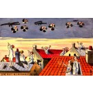 Awakened People Watching Biplane Hand-Drawn