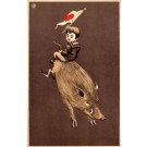 Child with Japanes Flag Riding Wild Boar