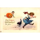 Running Child Pulling Cat Jack-o-Lantern