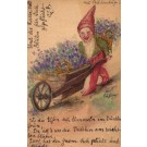 Gnome Pushing Cart with Flowers Hand-Drawn