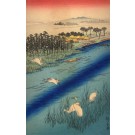 Japan Flying Storks over Water Woodblock