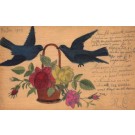 Hand-Drawn Birds Roses in Basket Wooden Novelty