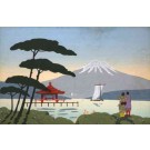 Japanese Looking at Fuji Mountain Woodblock