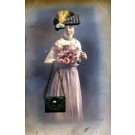 Girl in Silk Hat with Purse and Roses Real Photo