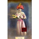 Smiling Girl Holding Flower Roses Silk Hat RP