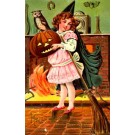 Girl Dressed as Witch Holding JOL Owl Horseshoe