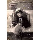 Smiling Chimney Sweep and Piglet on Ladder RPPC